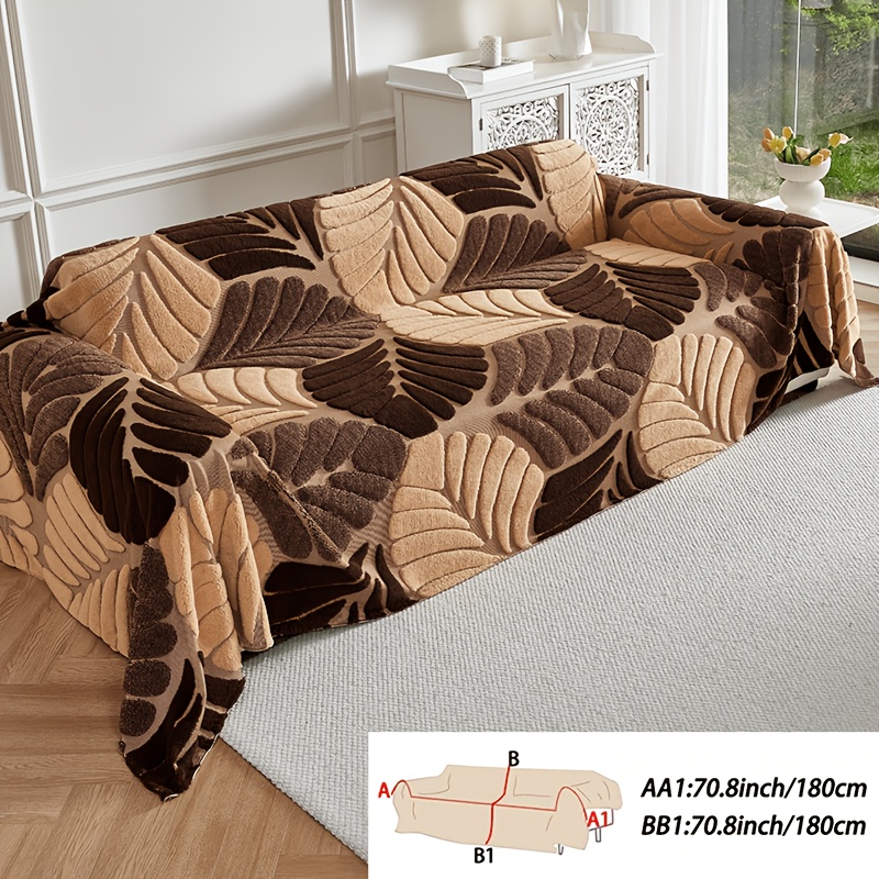 TEMU [] New 1pc Leaf Jacquard Pattern Plush Sofa Cover, Half-velvet Sofa Protector, Coffee Color, Gray, Sofa Towel, Machine Washable, Suitable For ,