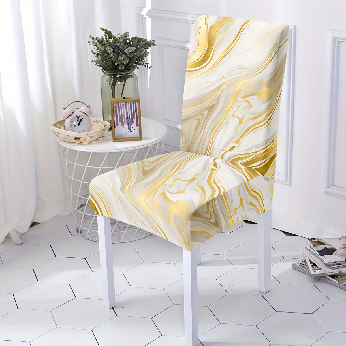 

Elegant Golden Marble Chair Covers - 4/6 Pieces, Stretchy Milk Silk Fabric, Machine Washable, Suitable For Home, Hotel, Restaurant, And Garden Chairs