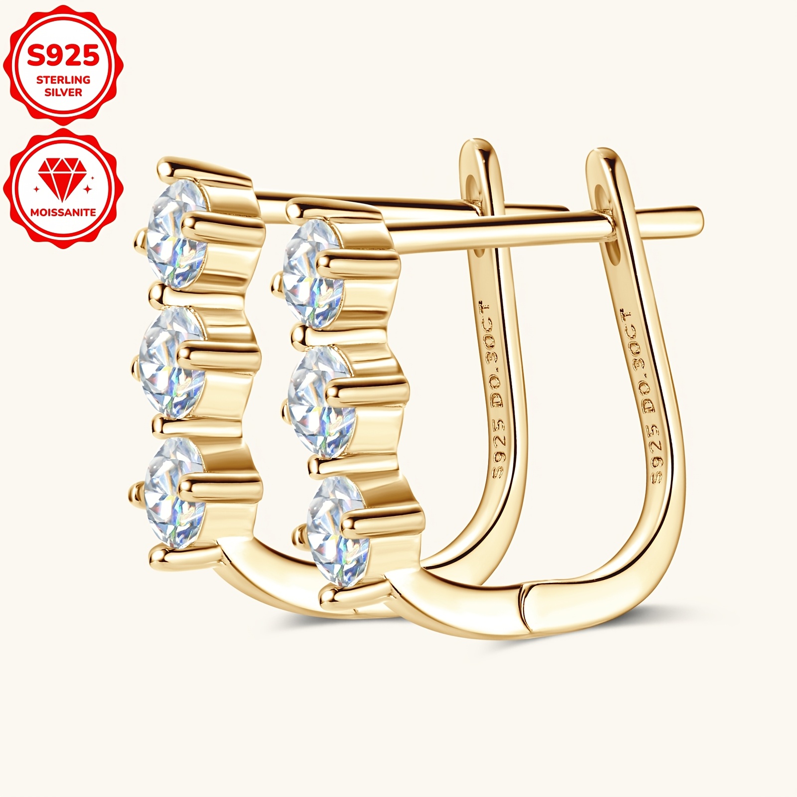 1 pair elegant 925 sterling silver hoop earrings with 14k golden plated synthetic moissanite stones april birthstone fashion jewelry for women daily wedding occasions christmas holiday gift   compatible details 11