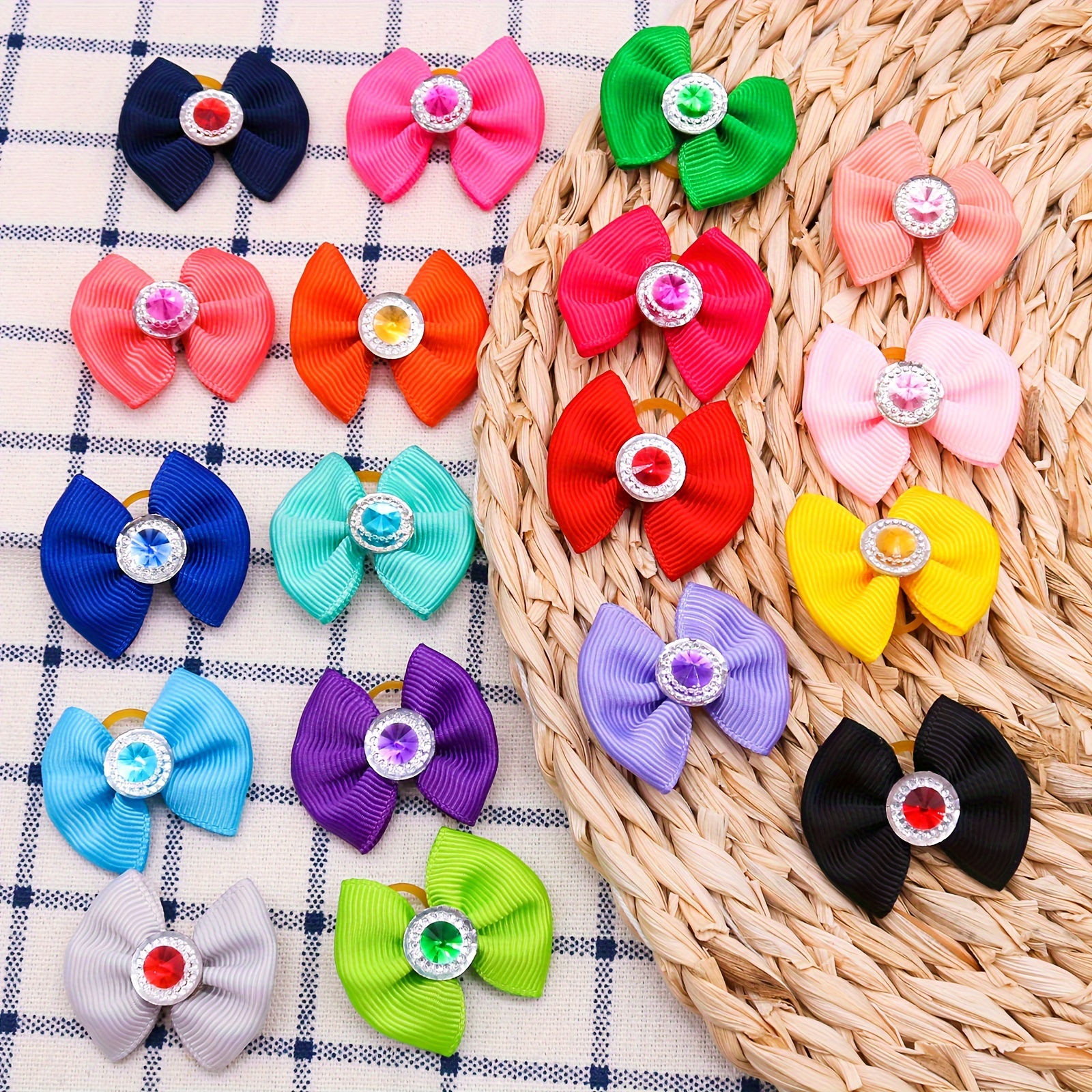 TEMU 30pcs/pack Colors Solid Color Bowknot Decorative Diamond-trimmed Versatile Headband For Cats And Dogs Hair Decoration