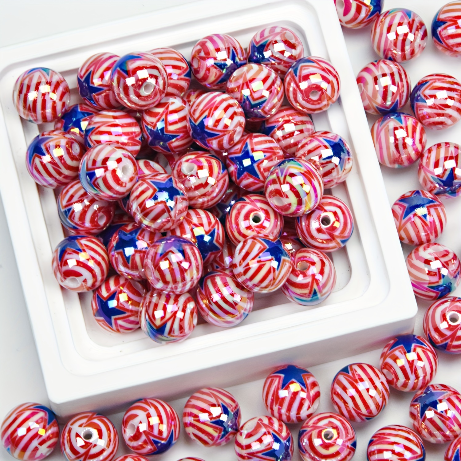 

20/40pcs Patriotic Acrylic Beads 16mm Round With Straight Holes, Uv Coated Scratch-resistant Electroplated Beads For Diy Bracelet, Pens, And Decorative Crafts - Independence Day Themed