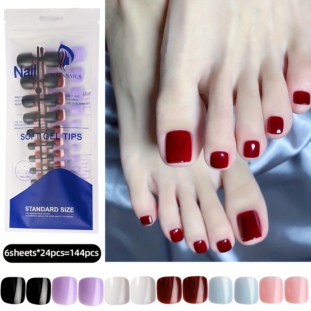 144pcs 6 Sets/bag Toe Nails Full Cover Acrylic Toenail Tips Mixed 6 Colors Press On Nails 12 Sizes Toe Nail Tips Press On Fake Nails Tips Short Nails