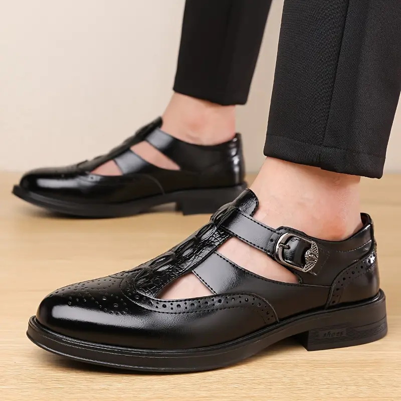 mens stylish perforated wingtip sandals casual slip on loafers with straps brown breathable design for casual attire versatile loafers fashionable sandals polished Product details 0