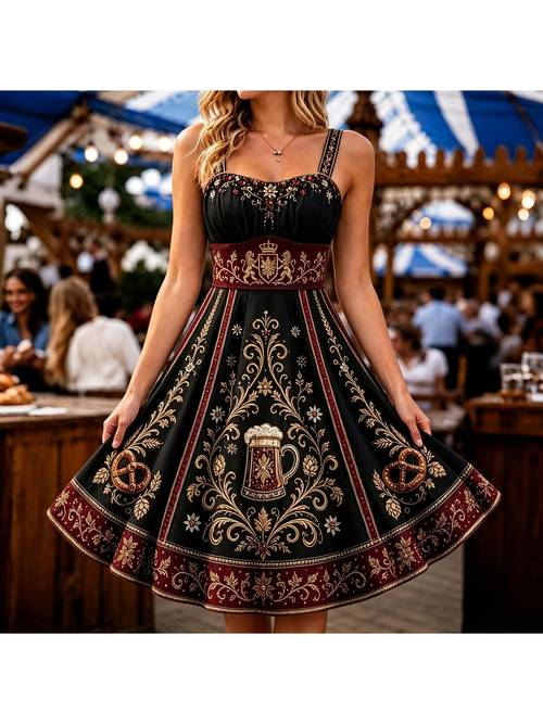 womens costumes traditional german dirndl dress casual round neck printed midi dress a line sundress beer festival costume fashion outfit for women