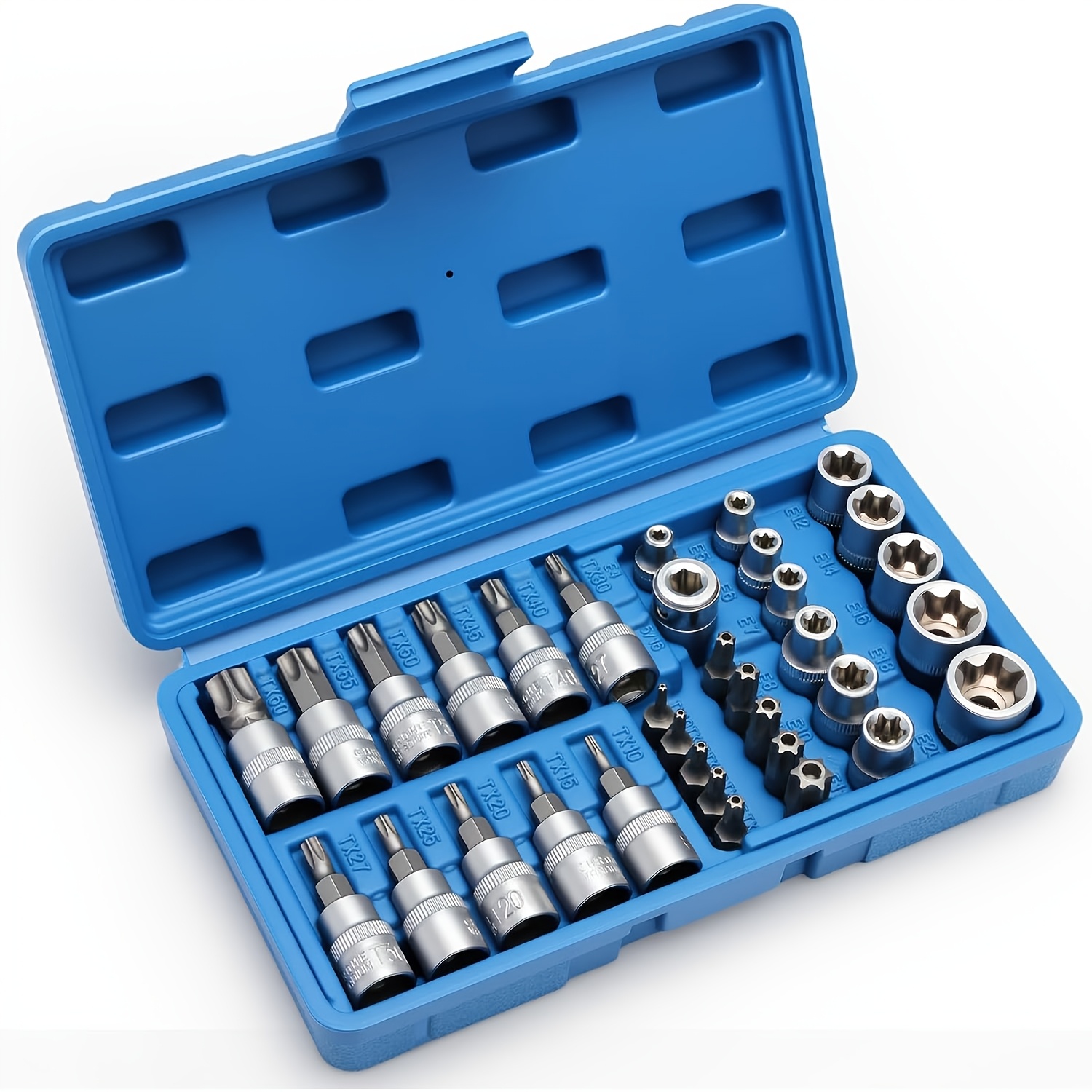 TEMU 34pcs 3/8'' Drive Torx Star Bit Sockets E-socket Set, E4, T10-60, Tamper Proof Set Tt10-, 5/16"f To 3/8"m Adapter With Storage Case, Ideal For