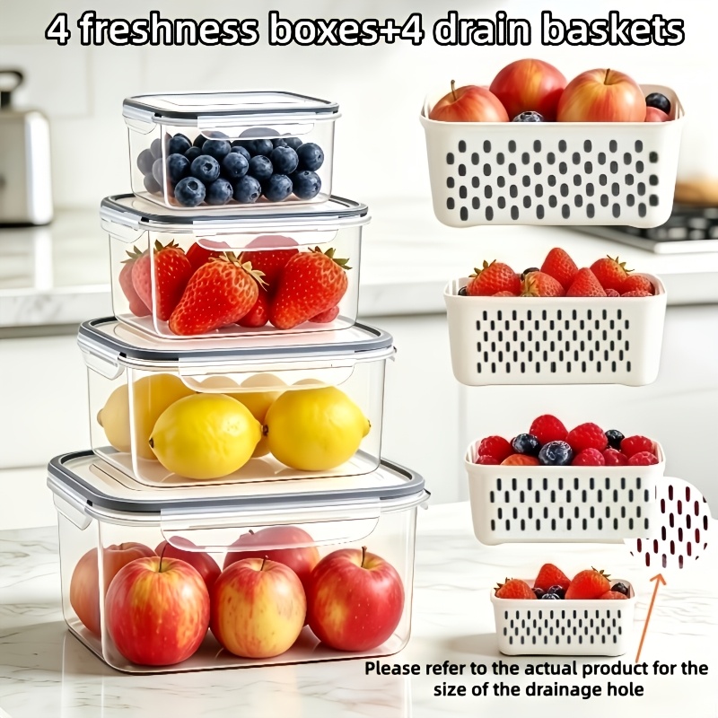 TEMU 8pcs 4 Freshness Boxes+4 Drain Baskets Fruit Storage Containers For Fridge, Leakproof Produce Containers For Fridge With Removable Colander,