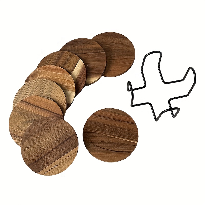 8pcs Acacia Wood Coasters With Stands | Modern Drink Coasters, Suitable For Coffee Table Decor, Protects Countertops, Handcrafted, Outdoor Rustic Decor, Diameter 4 Inches