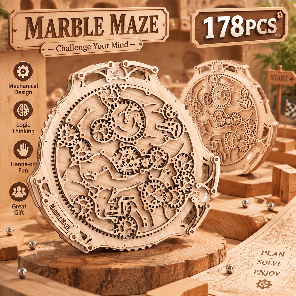 Image of 178pcs 3d Wooden Maze Puzzle, 2-in-1 Wooden Gear Maze, Wooden Model Kit, Wooden Building Set For Kids