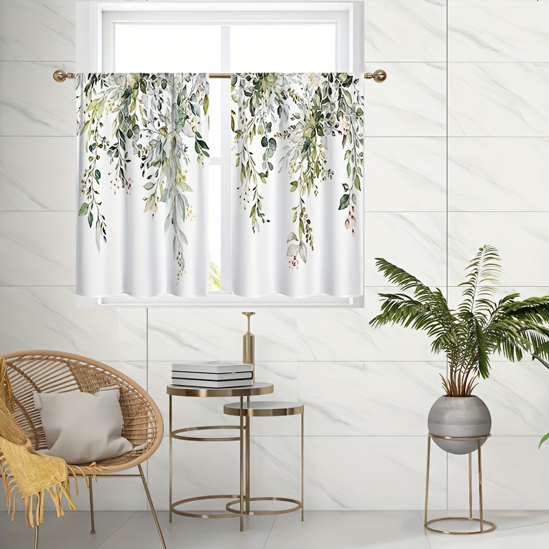 

2 Pieces Eucalyptus Plant Leaf Floral Kitchen Curtains - Waterfall Style, Short Curtains For Kitchen Windows, Suitable For Living Room, Bedroom, And Layer Curtains