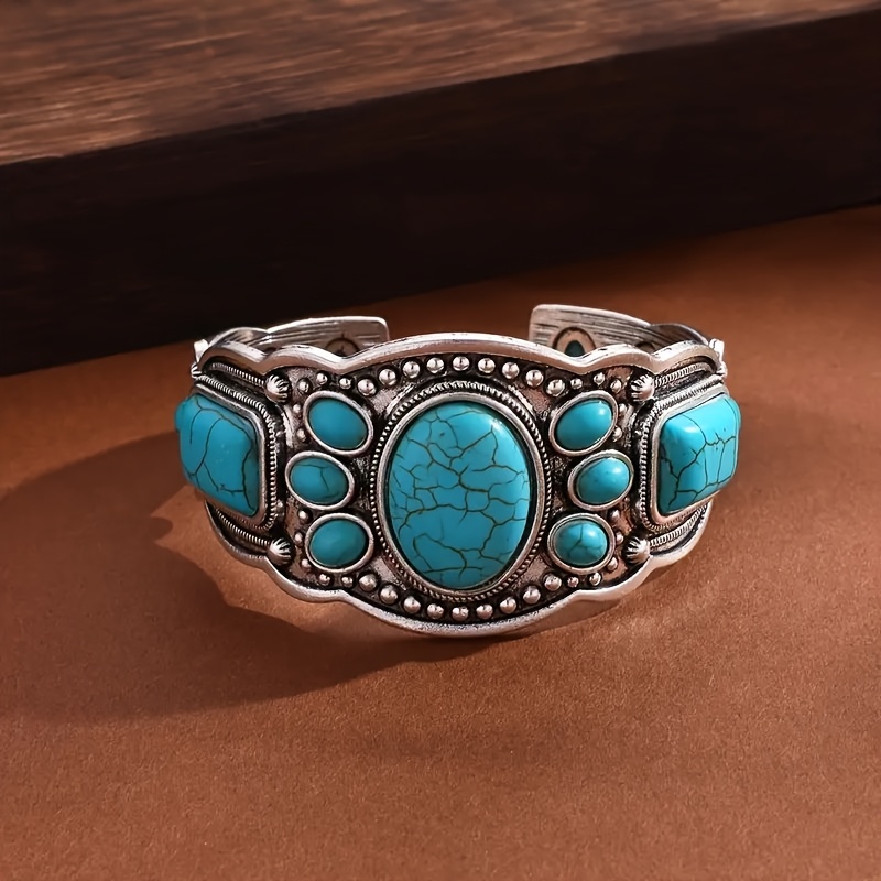 TEMU Vintage Bohemian Natural Turquoise Bracelet, Ethnic Style Vacation Casual Travel Accessory, Women's Exquisite Jewelry