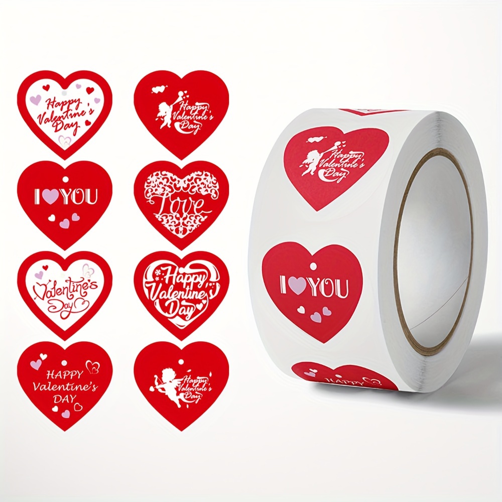 

500 Pack 1-inch Red Heart Stickers Roll, Mother's Day & Valentine's Day Themed Gift Decor Labels, 8 Assorted Patterns, Glossy Finish, Self-adhesive Paper Seals, Single Use Heart-shaped Tags.