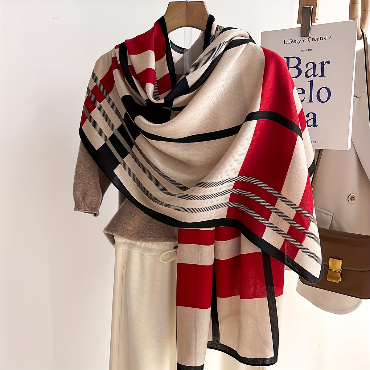 TEMU Color Block Striped Scarf Imitation Wool Shawl Soft Warm Windproof Wrap For Women