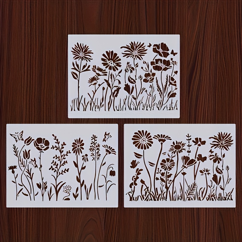 E-shop Set mit drei Wildblumen Mal Schablonen, Größe 16X12 Zoll, wiederverwendbar auf Stoff, Holz, Glas und für verschiedene Projekte