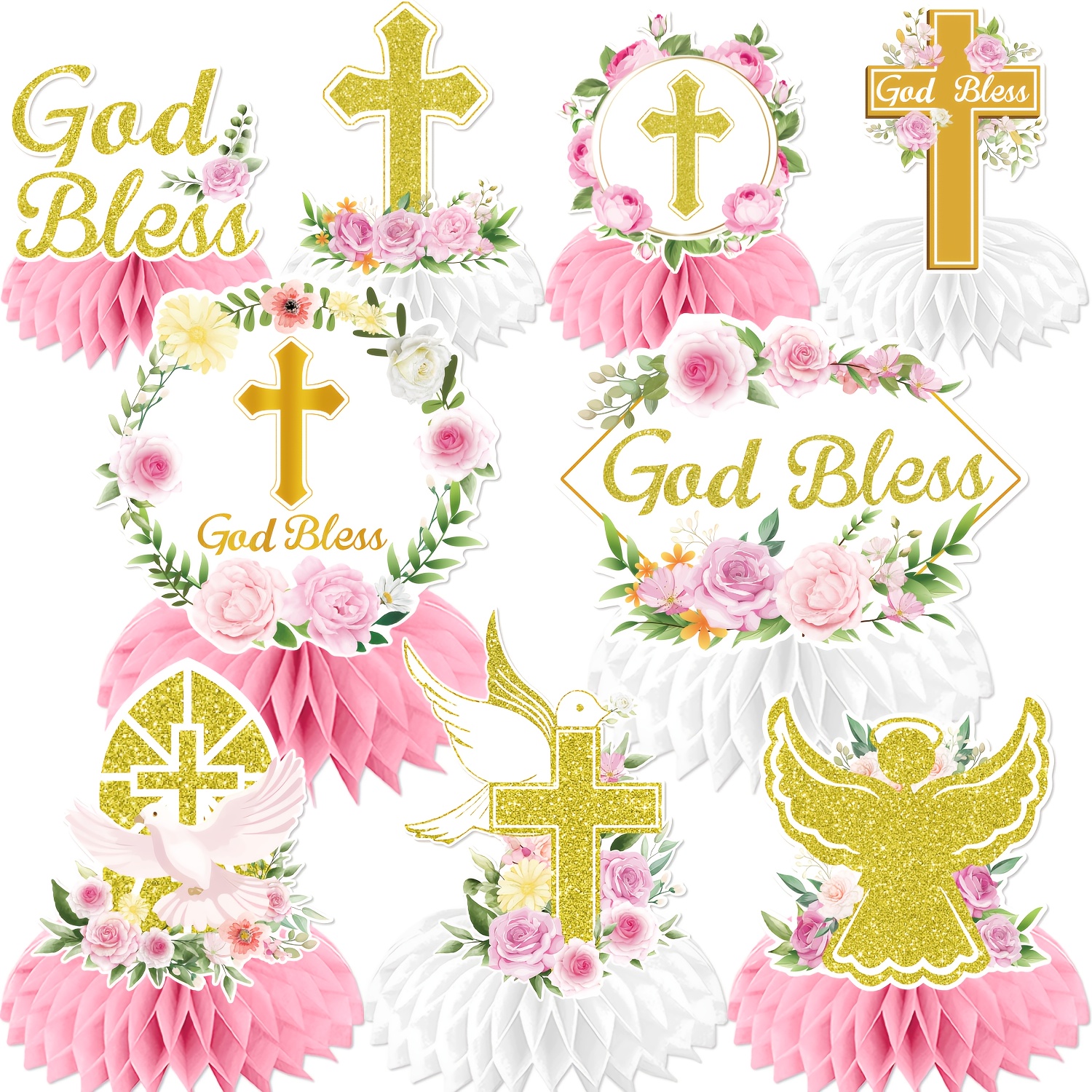 Image of 9pcs, Paper Flowers God Decoration First Holy Communion Honeycomb Centerpiece For Girls Baptism Party Decoration, Baptism Celebration Religious Photo Props Decoration Girls