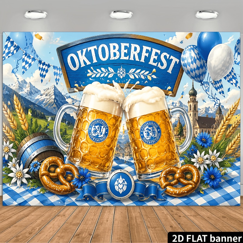 TEMU 2d Flat Munich Oktoberfest Themed Backdrop, Printed With Overflowing Beer Mugs, Pretzels, Blue And White Checkered Decor, Triangular Flags And