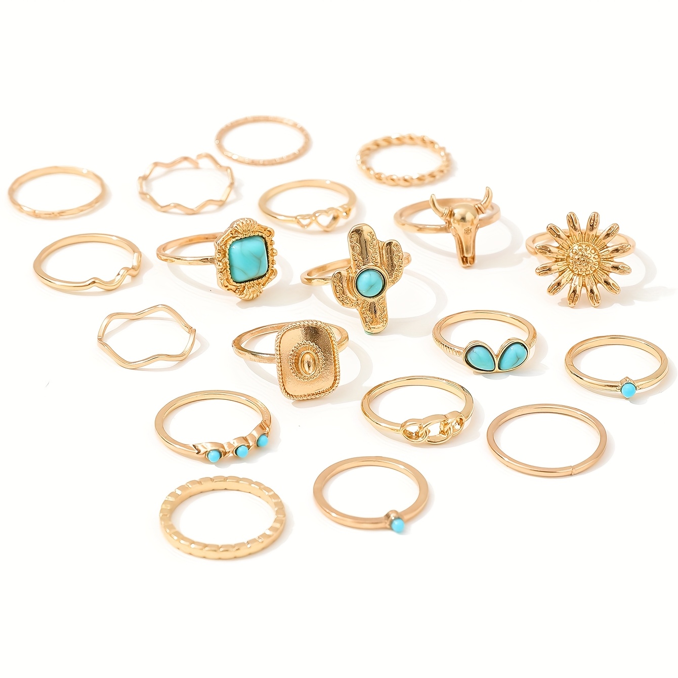 19pcs Alloy Iron Hoop Ring Set, Vintage Ethnic Style