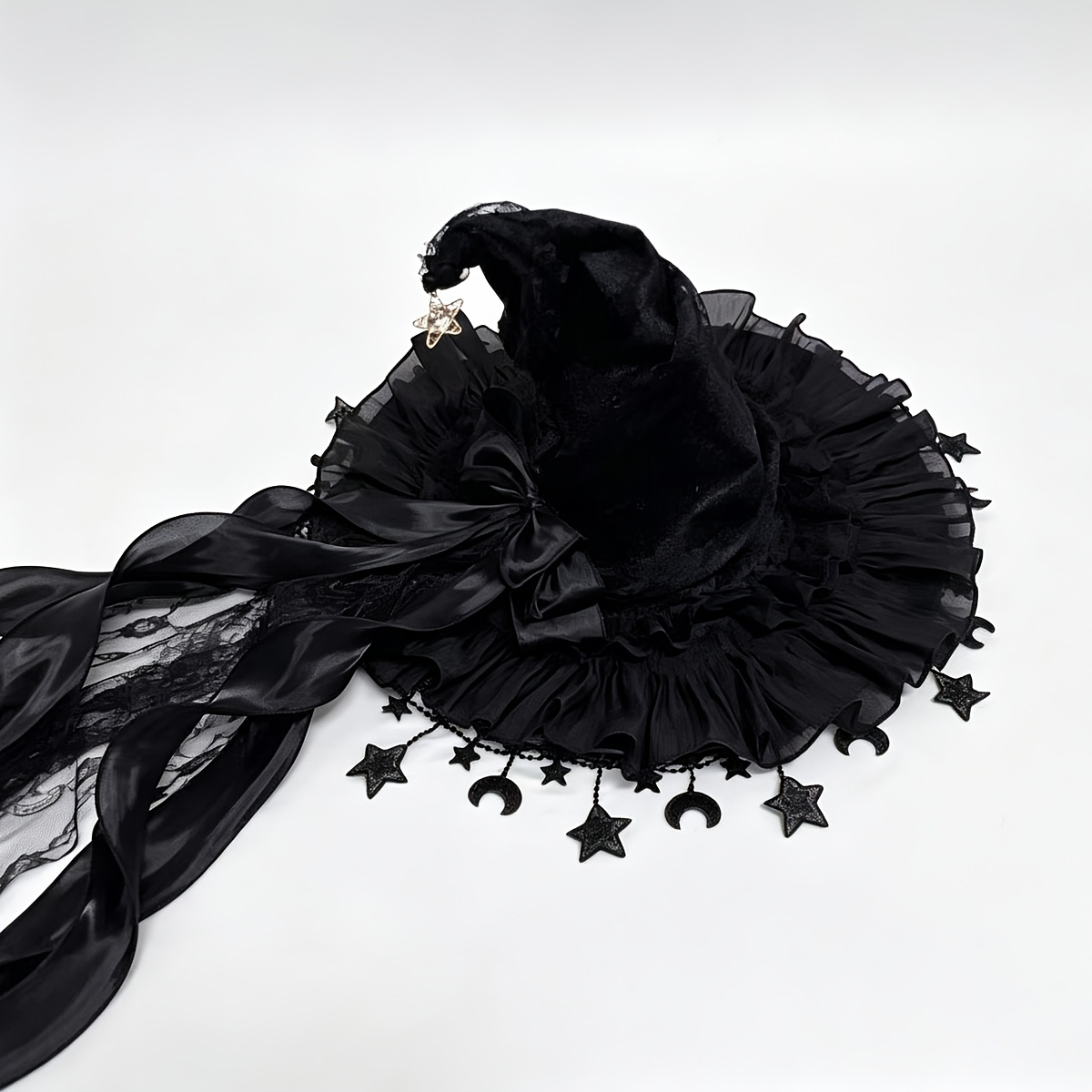 TEMU Gothic Lace Witch Hat Halloween Cosplay Wizard Tassel Pointed Witch Costume Headwear Irregular Party Hat