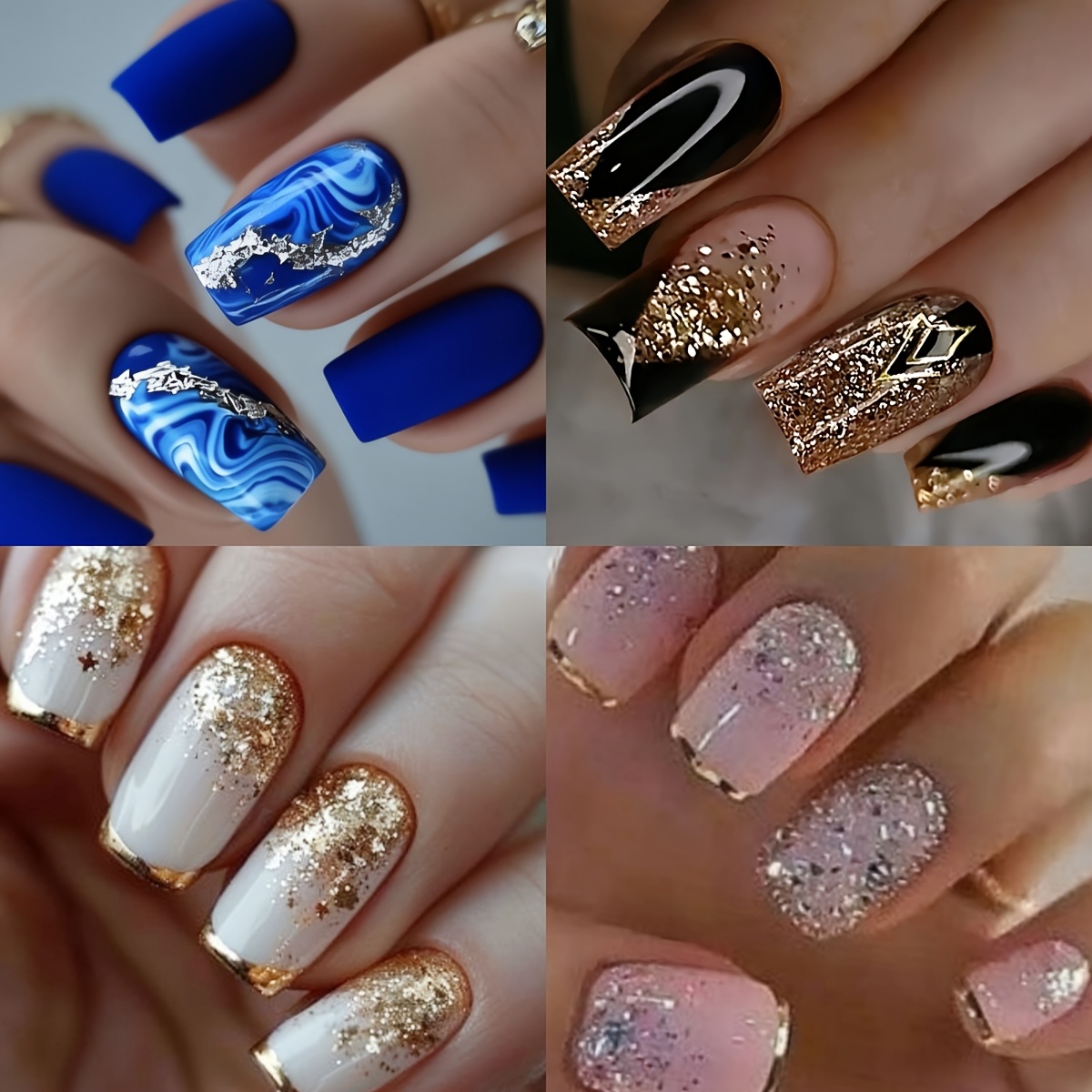 E-shop 96 Stück Goldene Schimmer Streifen Ombre Nagelkunst Kombination Abnehmbare Aufdrück-Nägel Blau Schwarz Pink Weiße Nägel Mittlere Länge
