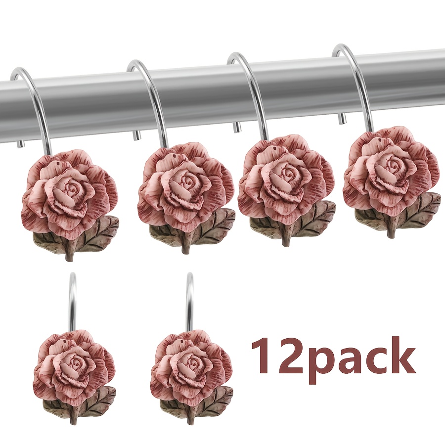 TEMU 12pcs Rose Resin Shower Curtain Hooks - Rustproof Metal, For Bathroom & Living Room Decor, Shower Curtain Hook, Bathroom Decor