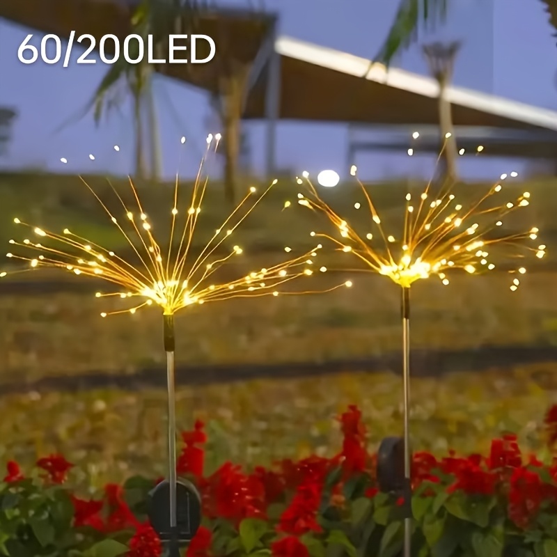 FACHOI 60/200 LED Solar de Exterior con Sensor y Regulable, Fuegos Artificiales Blanco Cálido, Adecuado para Iluminación de Jardín, Patio, Césped, Terraza, Camino, Fácil Instalación, 8 Modos, para Decoración de Villa