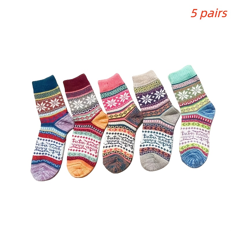 Image of 5 Pairs Unisex Warm Winter Socks: Retro Style + Fleece Fabric, Comfortable For Outdoor & Home Use, Ideal Christmas Gifts For Mom/ Aunt/ Grandma