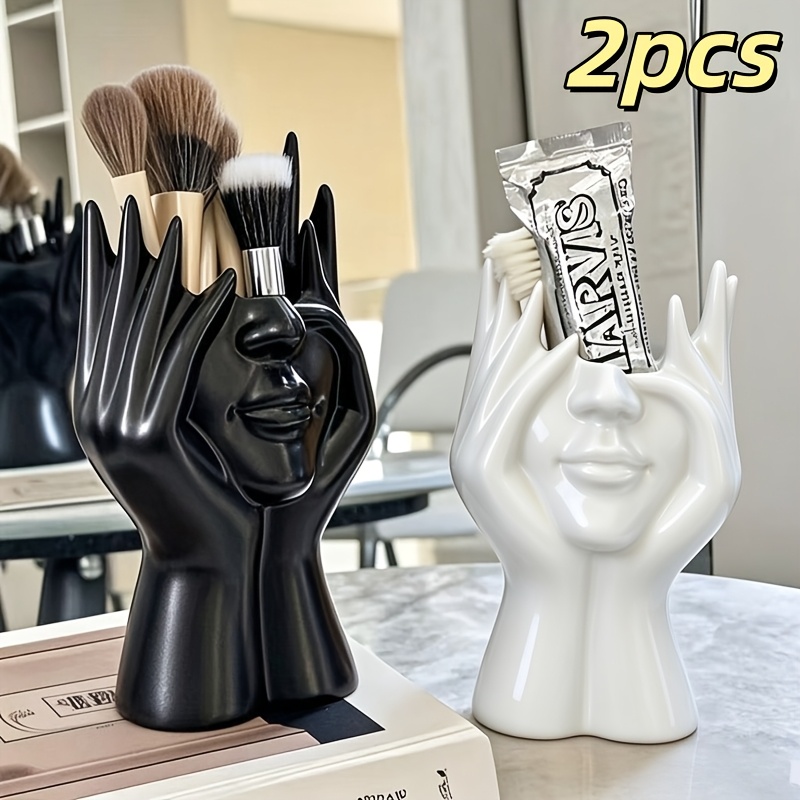 TEMU 2pcs Handmade Art Makeup Brush Storage Box, Unique -shaped Brush Stand, Desktop Abstract Human Decoration Ornament, Pen Holder Decorative Cup