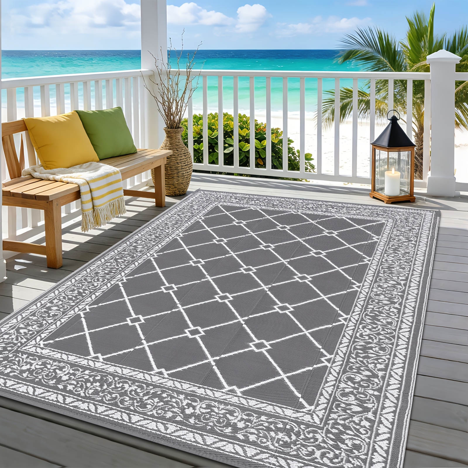 Outdoor Rug 180x270cm Balcony Mat Washable Picnic Blanket Reversible Uv Resistant Plastic Straw Outdoor Rug For Terrace Pool, Gray