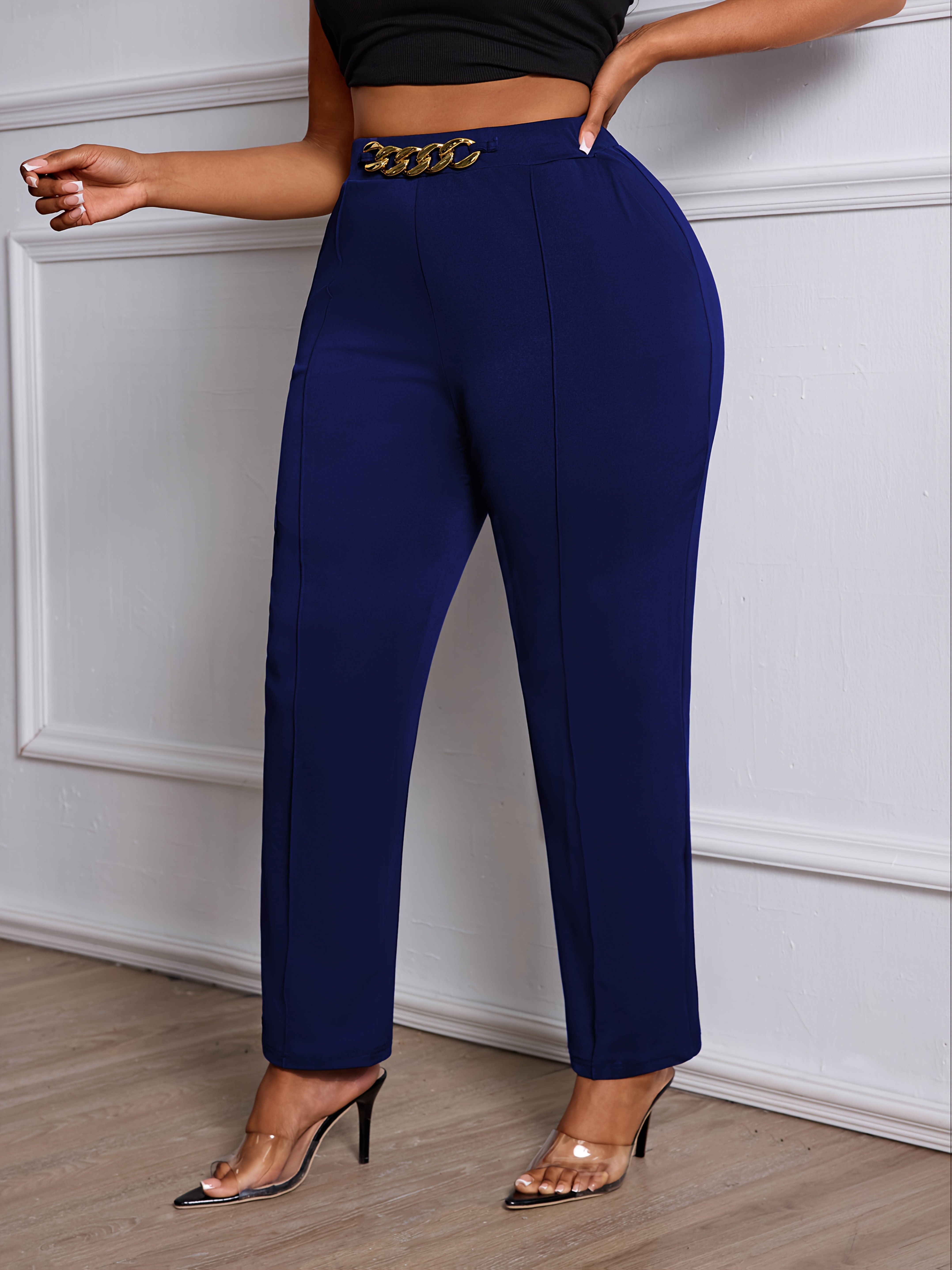 womens elegant straight leg pants plus size stretch   beige solid color   versatile trousers for office casual wear machine washable commuting attire   durable material stylish bottoms casual attire navy blue 0