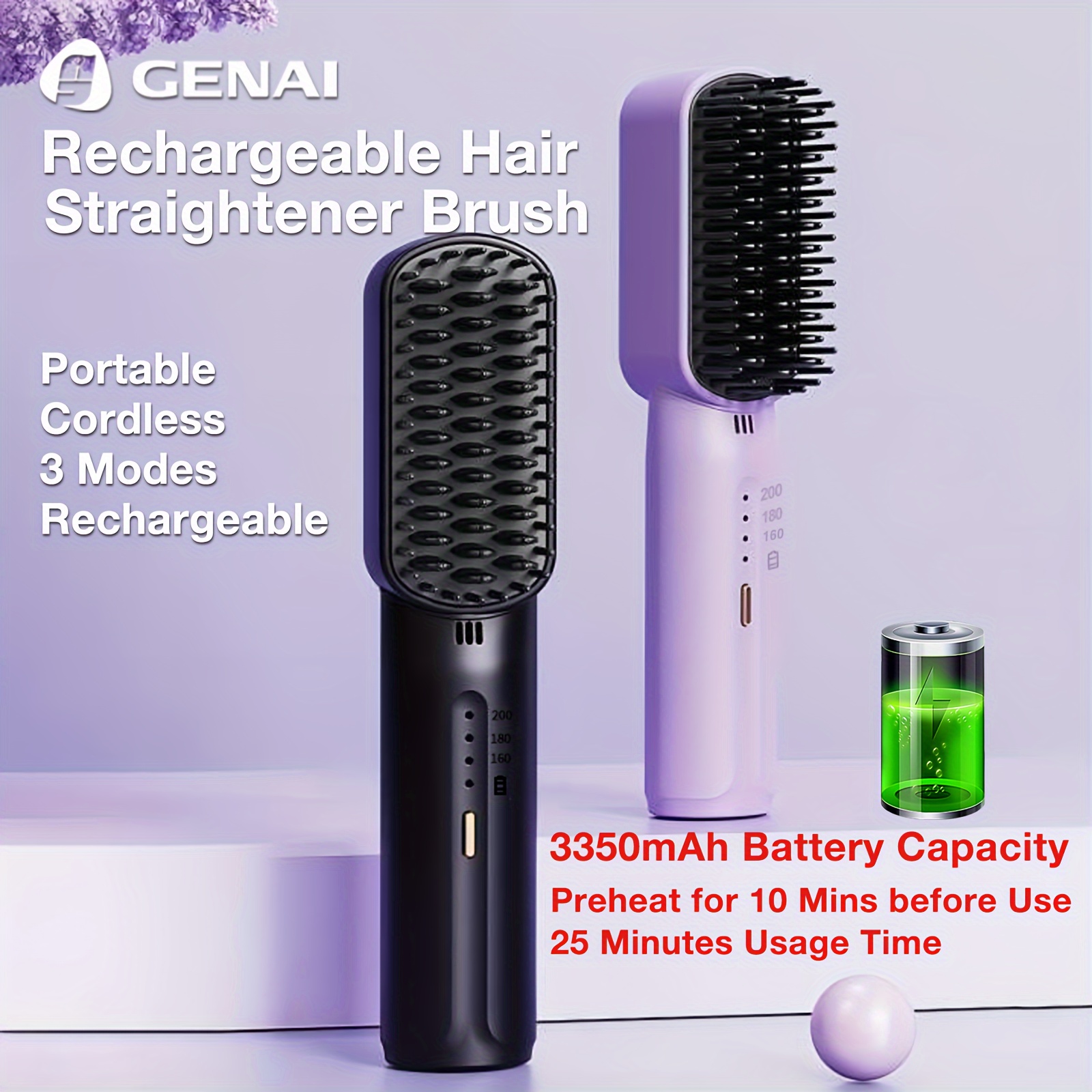 

Genai Portable Cordless Hair Straightener Brush, Portable Straightening Brush With Negative Ion, Hot Comb Hair Straightener For Women, Lightweight & Mini To Carry Out, Type-c Charging Port, Anti-scald