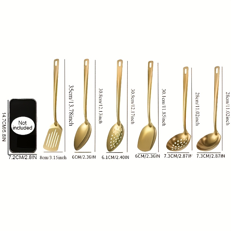 TEMU 6pcs Set Of Korean Style Stainless Steel Golden-plated Kitchen Utensils: Spoons, Frying Flip Spoons - Essential Luxury Spoons With Filters And