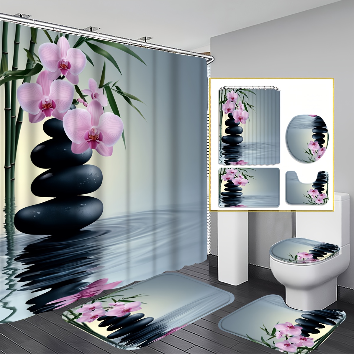 TEMU 2D Flach, 2D Flach, 4-teiliges 2D Flach Zen Steine Duschvorhang, Rosa Orchideen Badezimmer Dekor, Duschvorhang Set Enthält, U-förmig, WC-Deckel