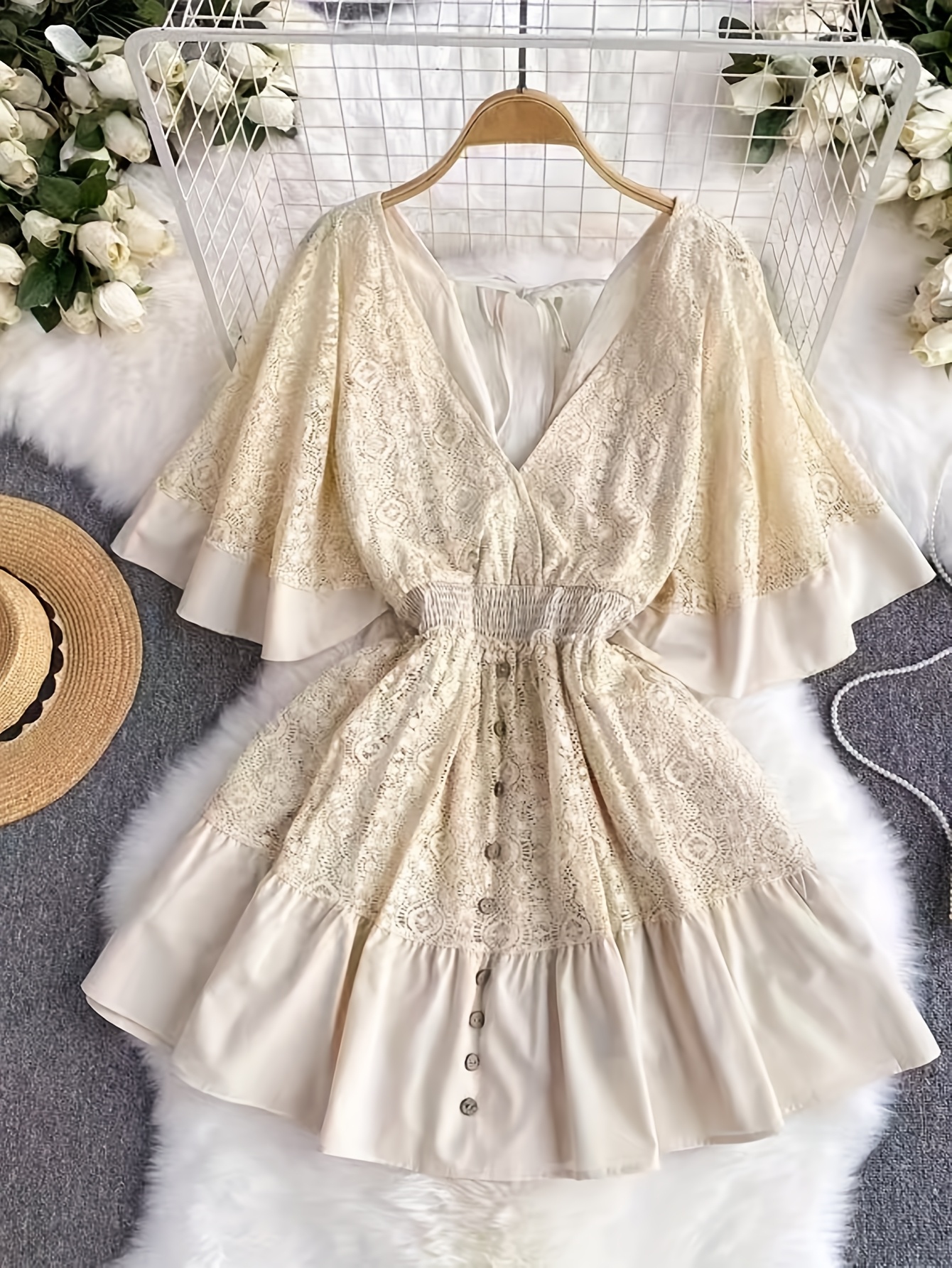 slim fit dress slacks Vintage-Inspired Boho All-Over Floral Print 3/4 Lantern Sleeves Mini Dress, Apricot / L