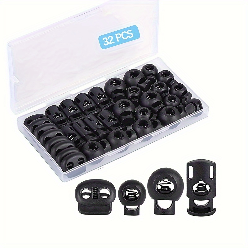 

32pcs Black Plastic Cord Locks - Diverse Sizes For Drawstrings, Paracord, Shoelaces & Bags - Spring Toggle Stoppers With Storage Box For Easy Organization