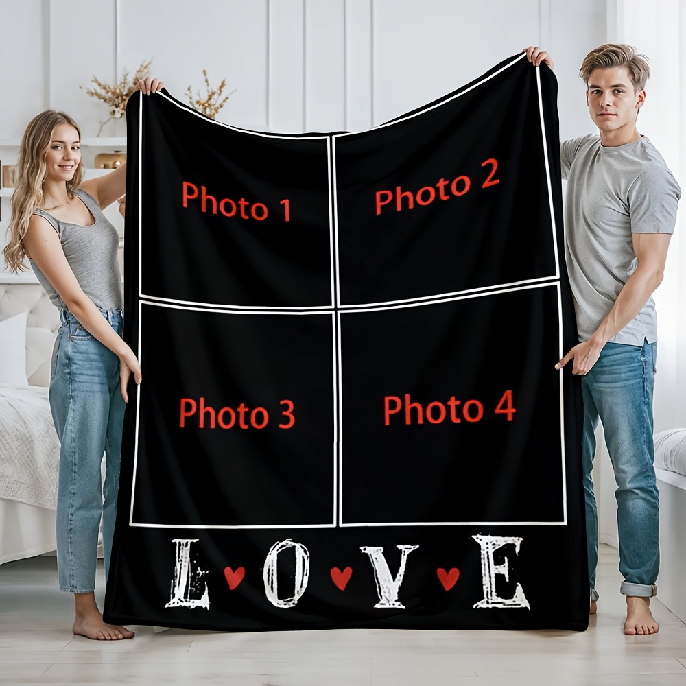 TEMU 1pc Heart Love Customizable Photo Flannel Blanket, Personalized Couple/family Photo Print Romantic Warm Throw, Ideal For Home, Pets, And Special