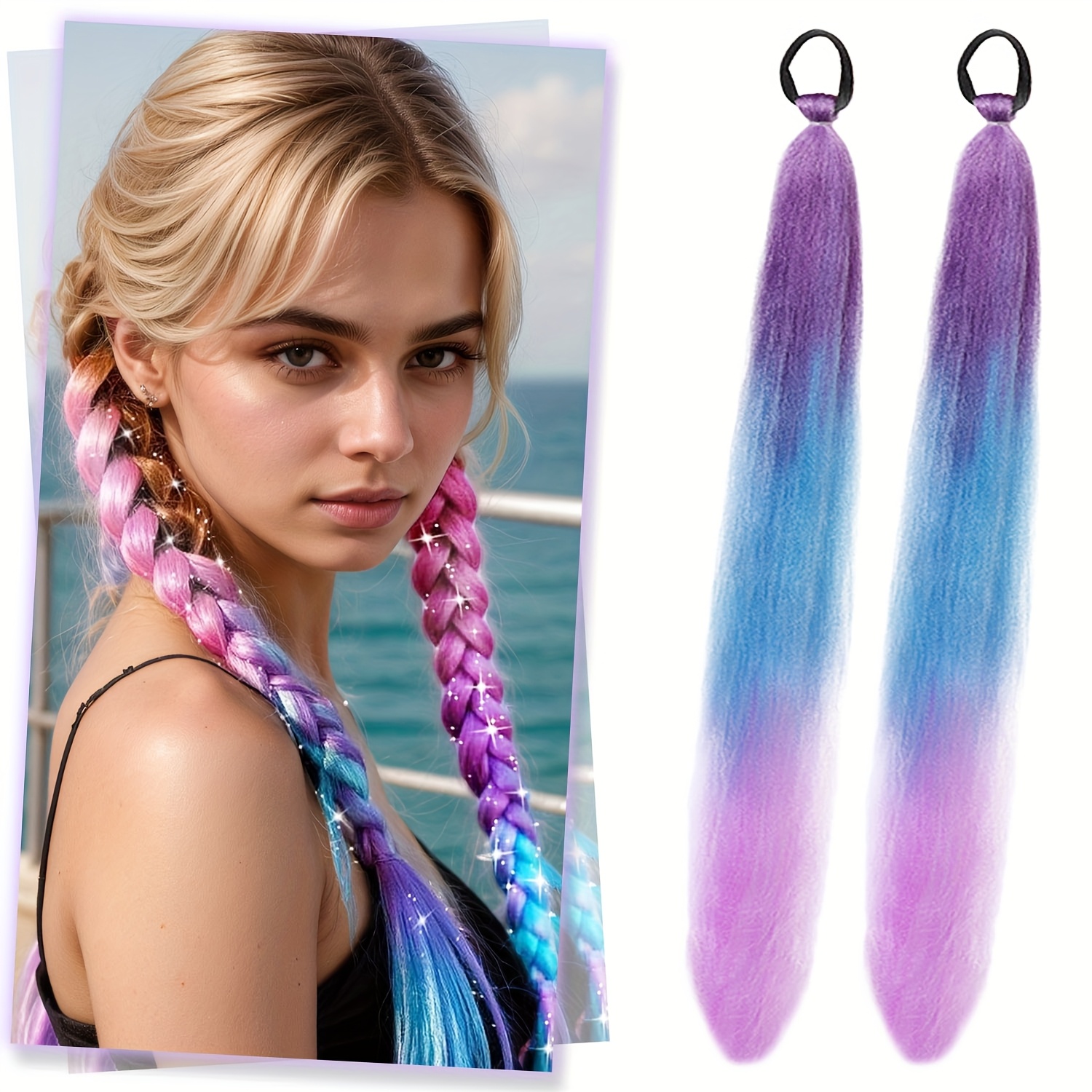TEMU Set Of 2 Ponytail Extensions Featuring An Elastic Tie Band, Designed With A Blue Gradient For A Stylish Look. Synthetic Hairpieces Are Perfect