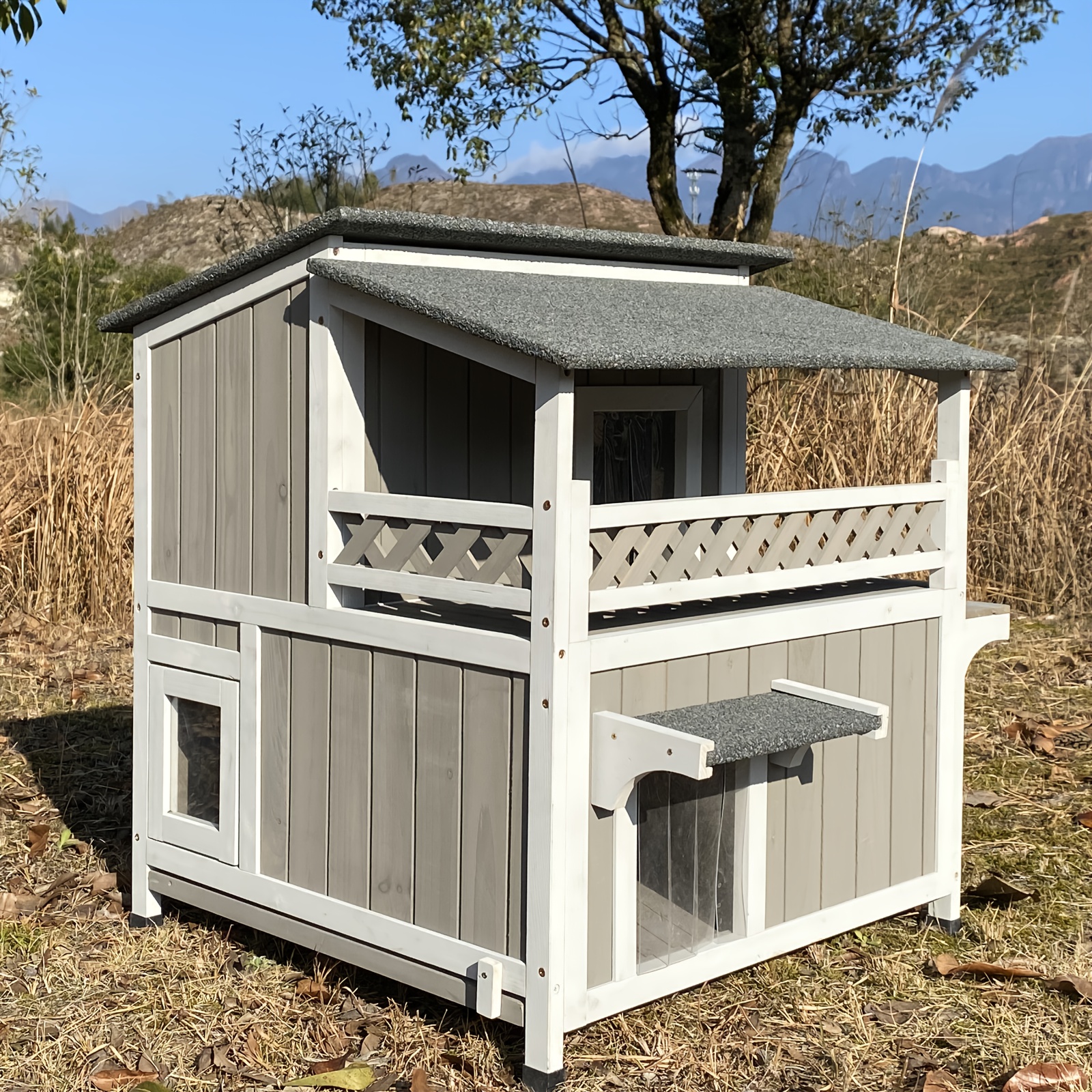 

Gowoodhut Feral Cat Shelter Outdoor Weatherproof - 2 Story Wooden Cat House Outside Feral Cat House With Balcony Waterproof, Escape Door