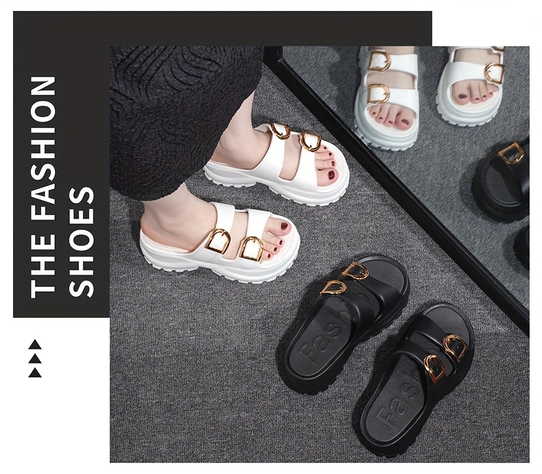 Women'S Elegant Thick Sole Double Strap Sandals with Buckle Closure - 6cm Height Increase, Soft EVA Material, Non-Slip, Open Toe, All-Season Wear, White, Elegant Footwear | Chic Sandals | Elegant Strap