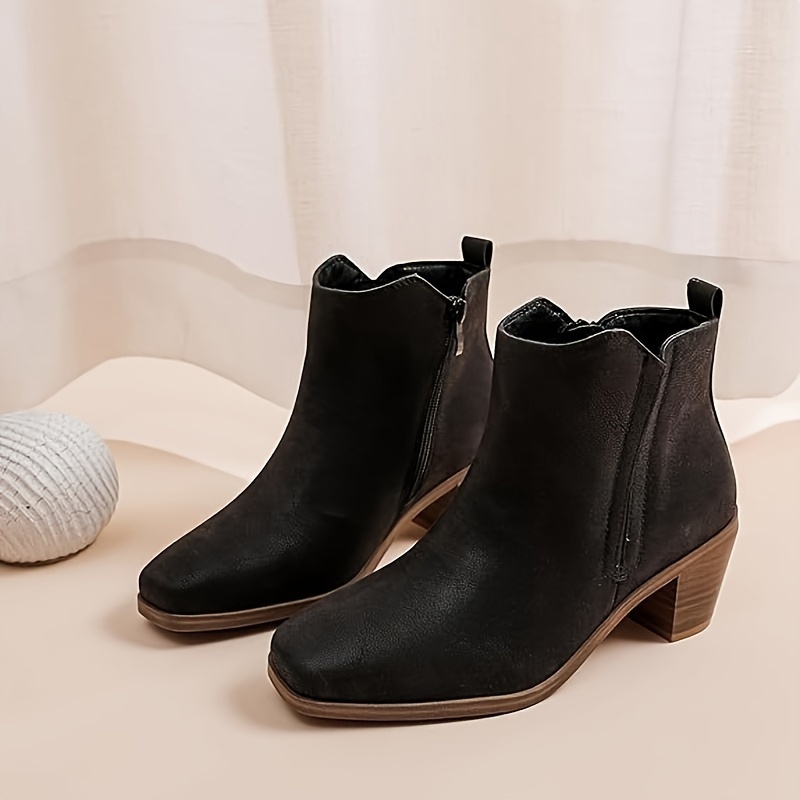 新品★ WIDE SQUARE SHORT BOOTS Nobuck Wide Square Toe Ankle Boot in Black Suede Finish