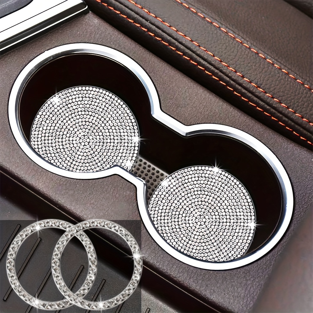 4pcs Car Interior Set With Diamond-studded Water Cup Mat And Ignition Decorative Ring, Beautiful And Practical Car Interior Accessories