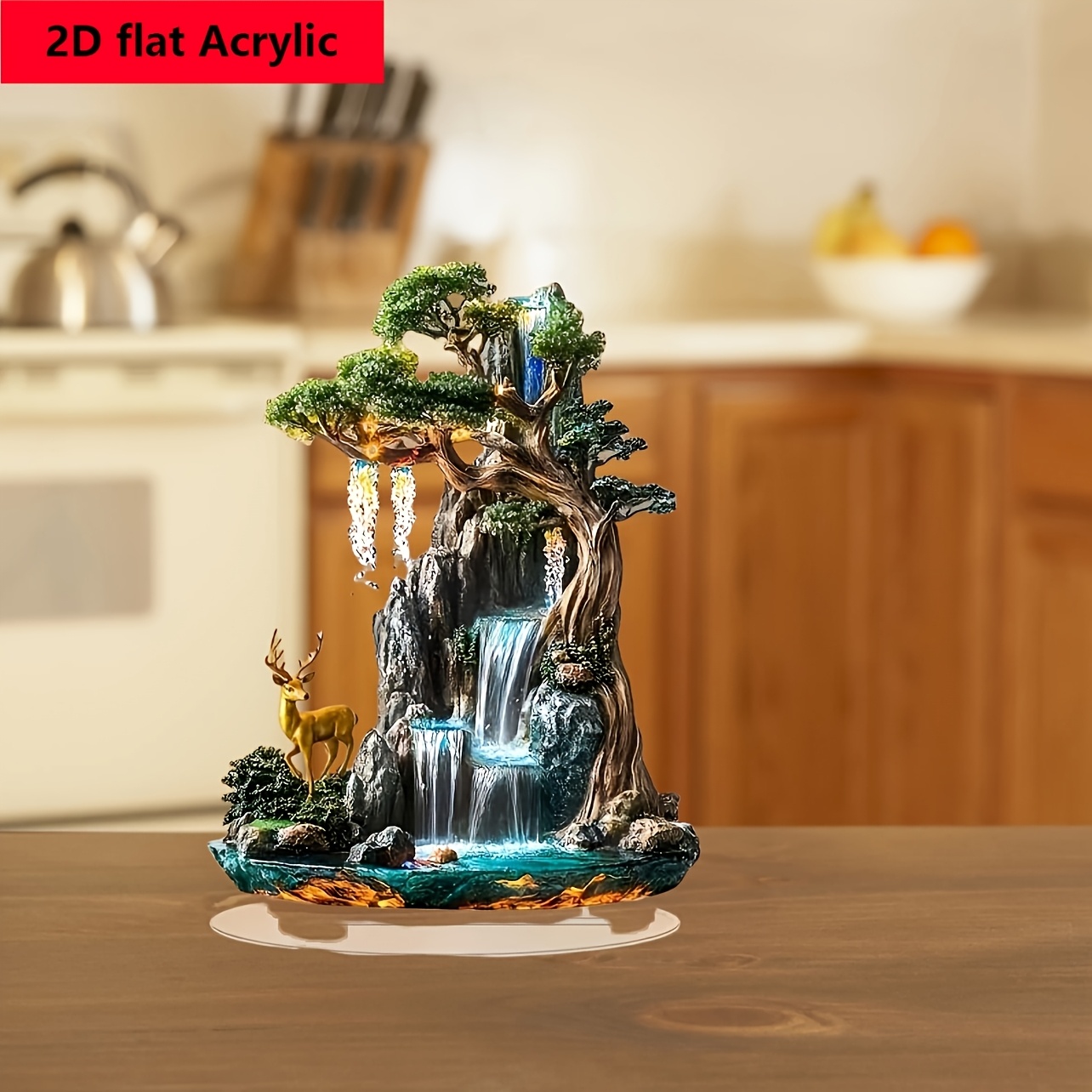 

2d Flat Bohemian Style Pine Waterfall Acrylic Desktop Fountain-2d Art Plaque With Stand, Moisture-proof And Portable, Easy To Without Power-