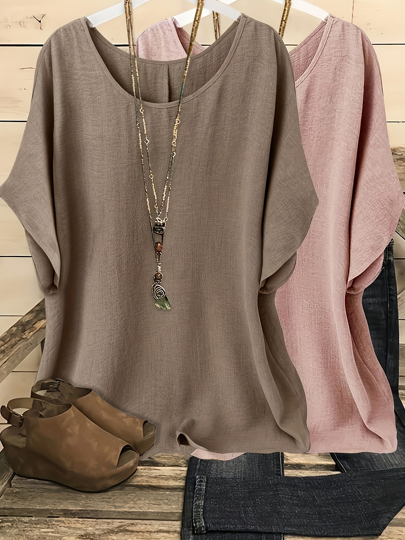 2pcs, Women's Casual Vacation Solid Color Round Neck Batwing Sleeve Shirt, No Accessories Included