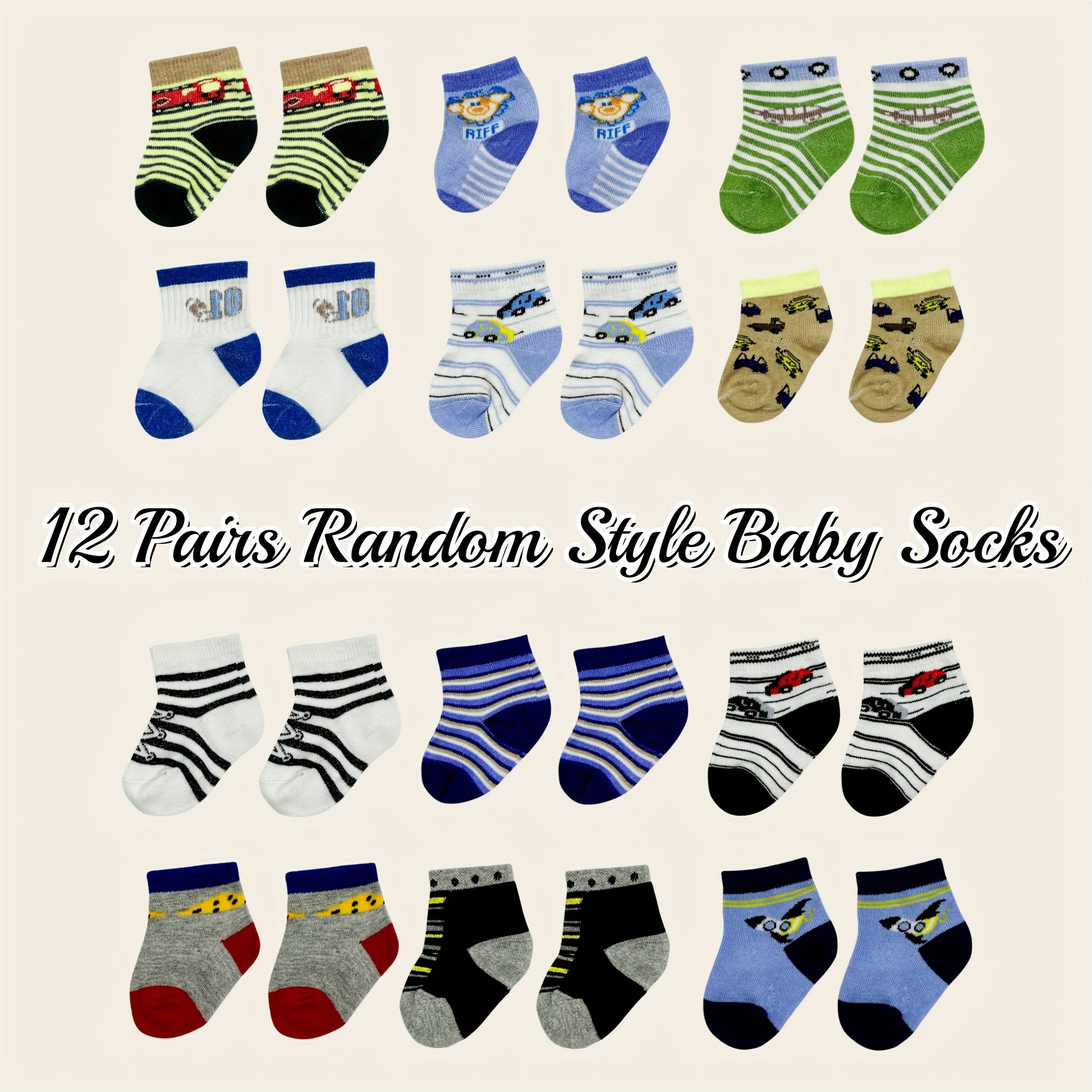 12 Pairs Of High-quality, Non-irritating, Cute Cartoon Socks With Random Patterns For Boys Aged 0-1 Years