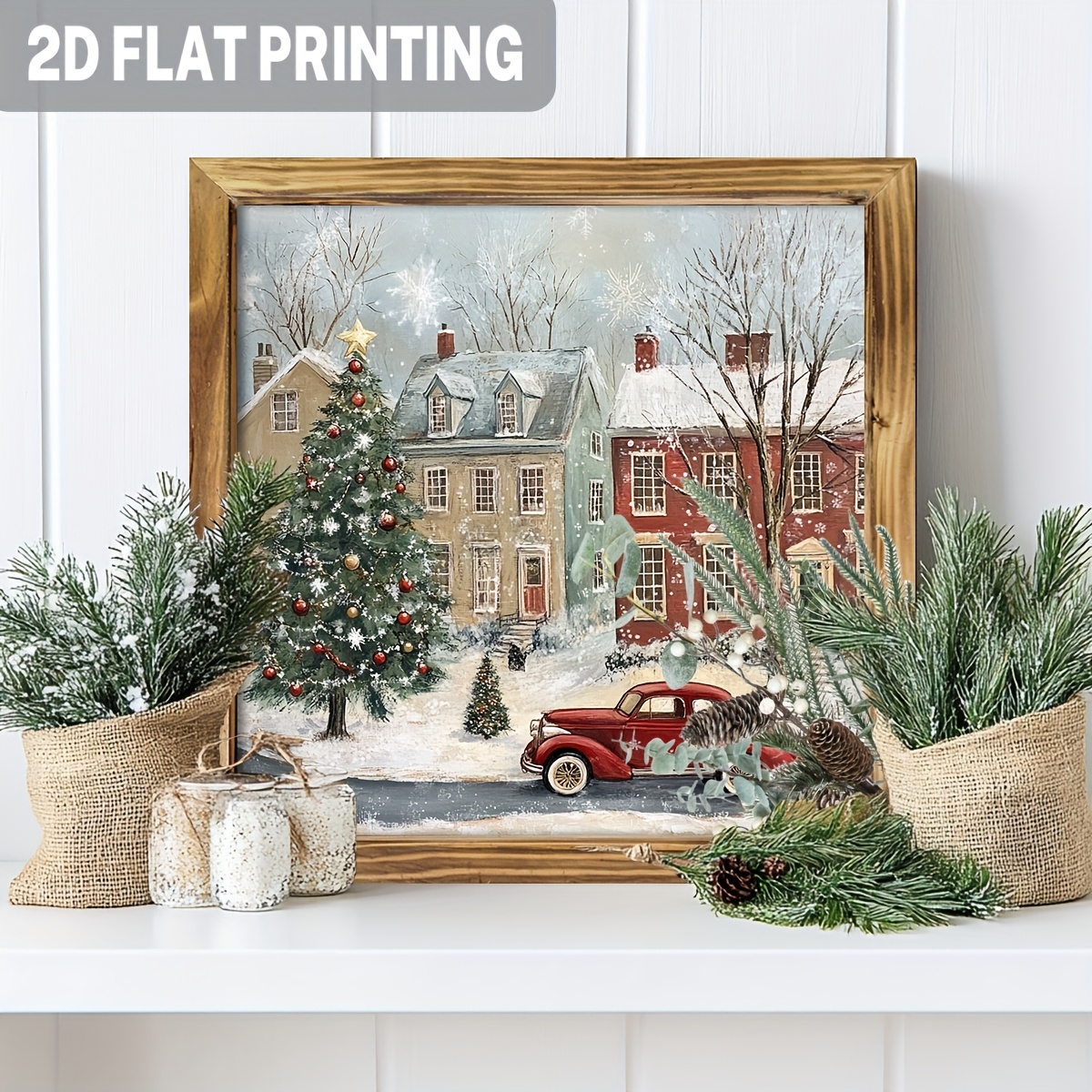 TEMU 2D Flat - Un cartello con cornice in legno che raffigura una classica natalizia con case innevate e una macchina , per la decorazione murale le