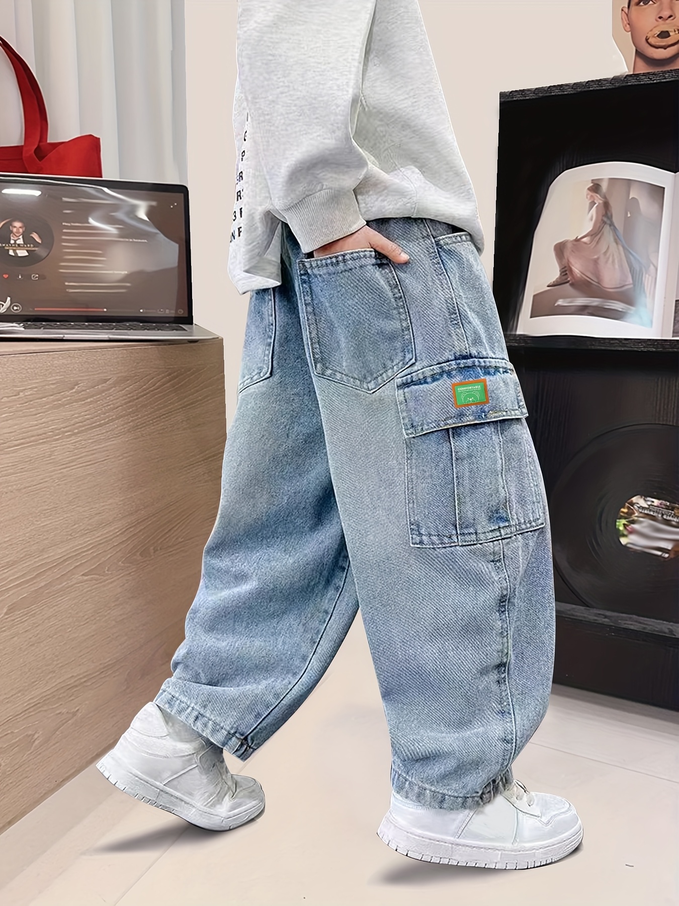 vintage washed blue jeans pants distressed relaxed fit cargo