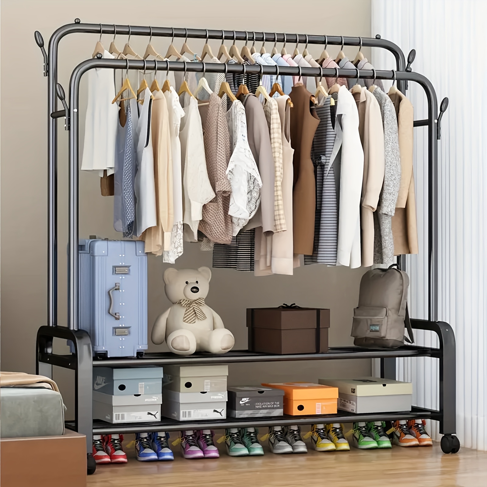TEMU 1pc Portable Floor Standing Clothes Hanger, Double-layer Double Pole Clothes Hanger, Clothes Hanger For Hanging Clothes, Heavy-duty Clothes
