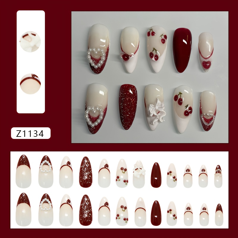 24pcs Of Detachable Nail Art Featuring -dimensional French Bow, Cherry, Heart, Gradient, Vintage Style, And European-