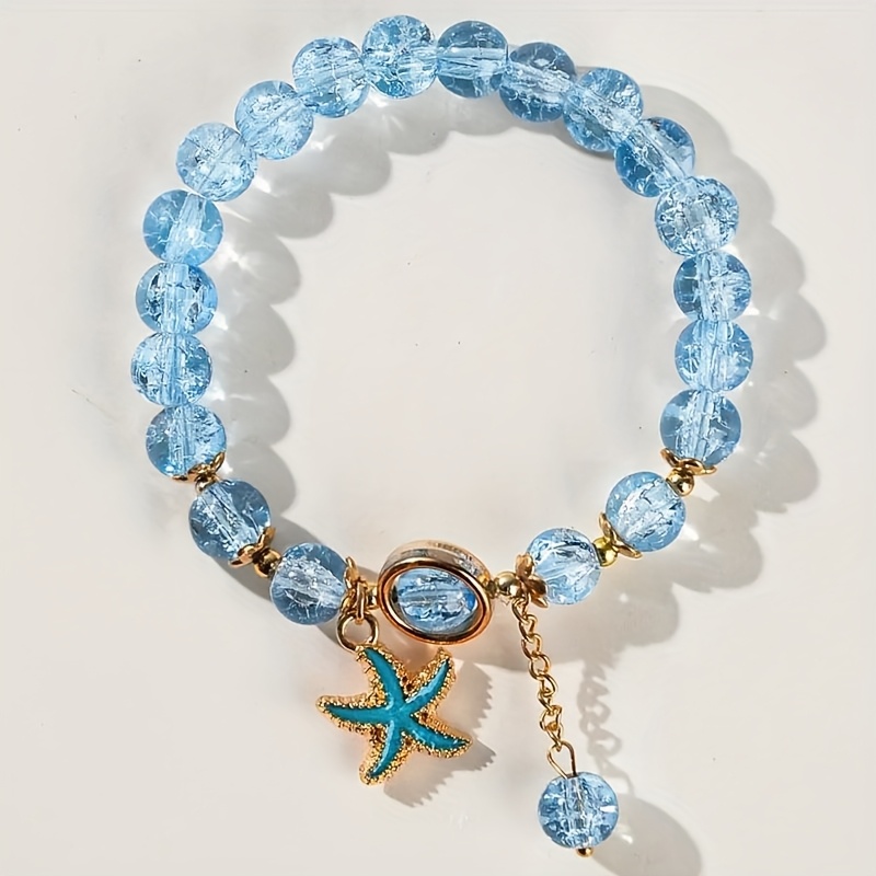 TEMU 1pc Bracelet Vintage en Perles de Brillantes avec Charme Doré, Perles Bleues et Transparentes, Cadeau Durable pour Femmes, Idéal pour et les