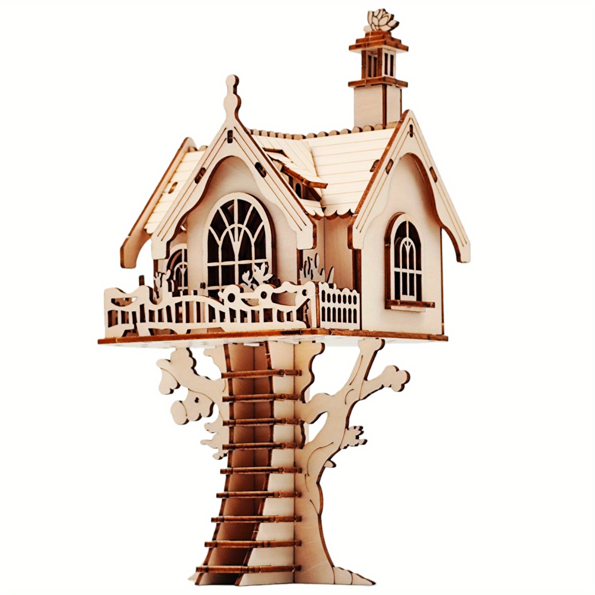 Image of Wooden Treehouse Puzzle, Handcrafted 3d Wooden House Building Kit, Small House , Cottage Construction Kit - Perfect For Birthday Or Holiday Gifts