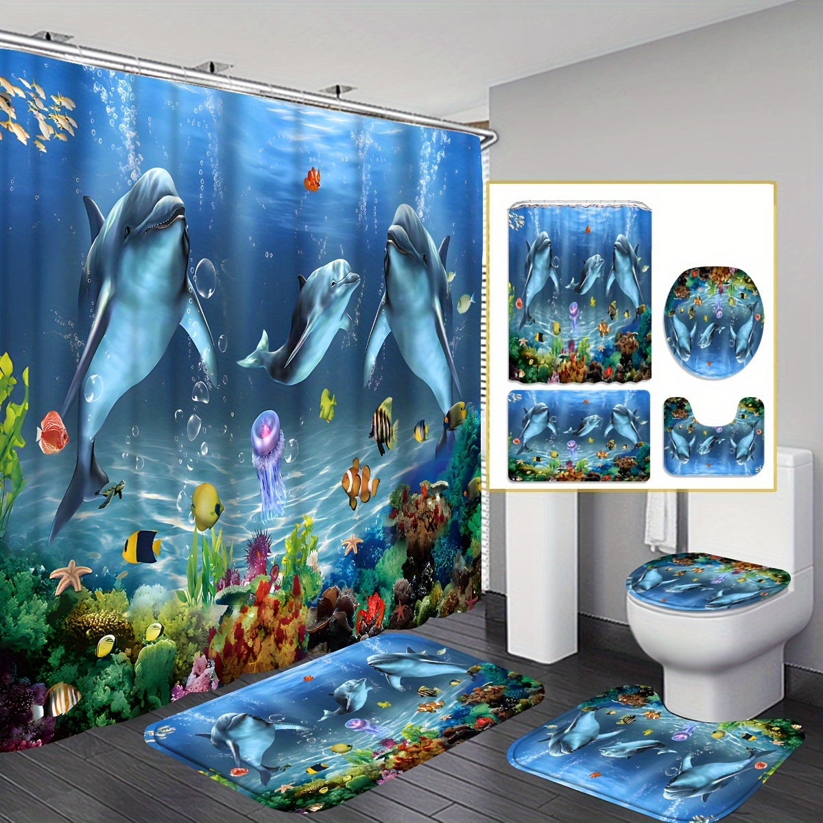 

1/4pcs Underwater Dolphin Pattern Shower Curtain Set, Waterproof Shower Curtain With 12 Hooks, Bathroom Rug, Toilet U-shape Mat, Toilet Lid Cover, Bathroom Full Sets, Bathroom Accessories, Home Decor