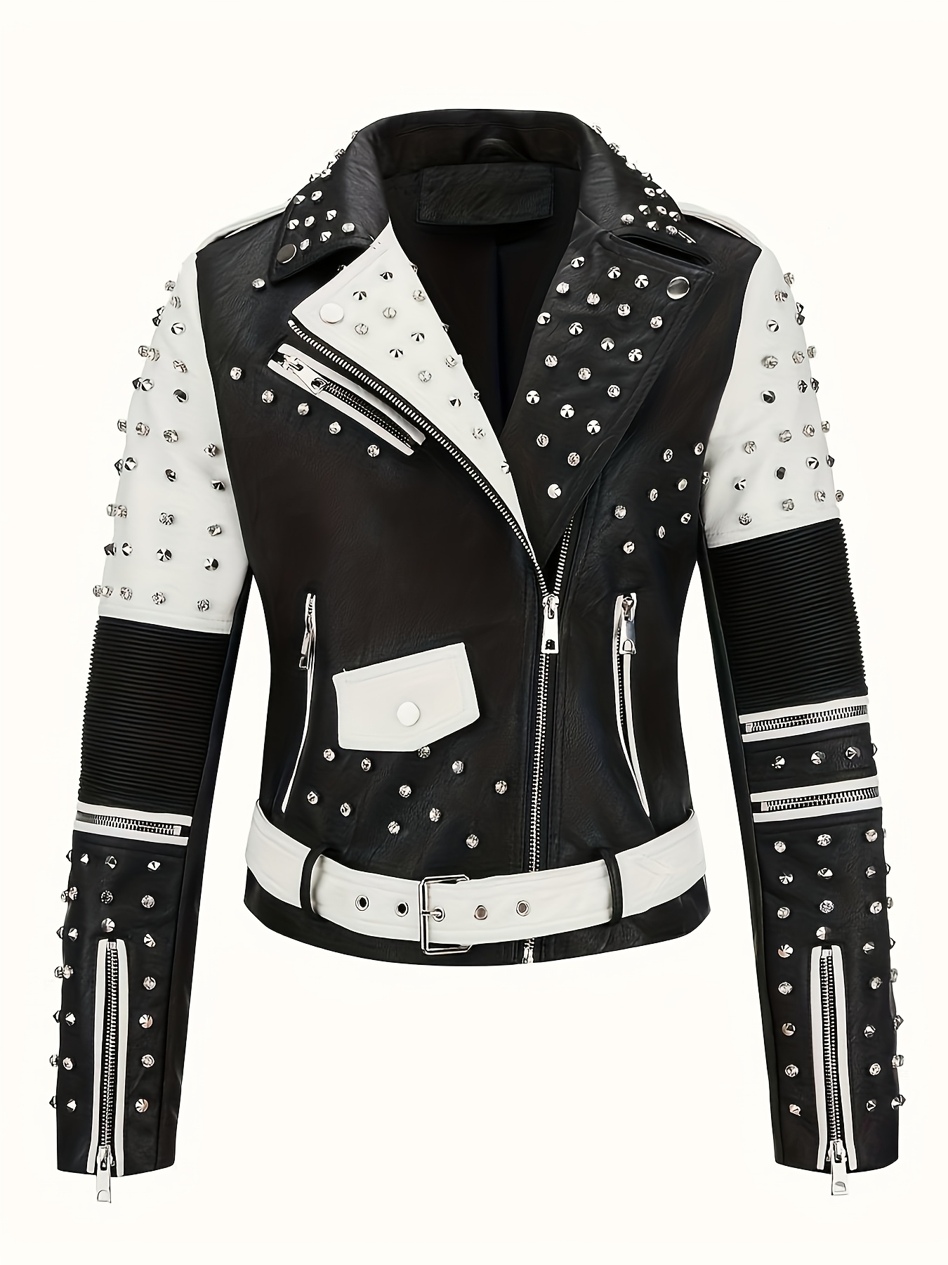 veste motard en cuir pu femme rivets garniture fleurie